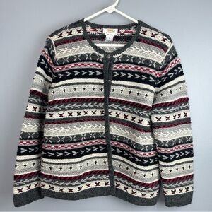 Talbots vintage hand knit ski Nordic Gray and Red Patterned Cardigan petite med